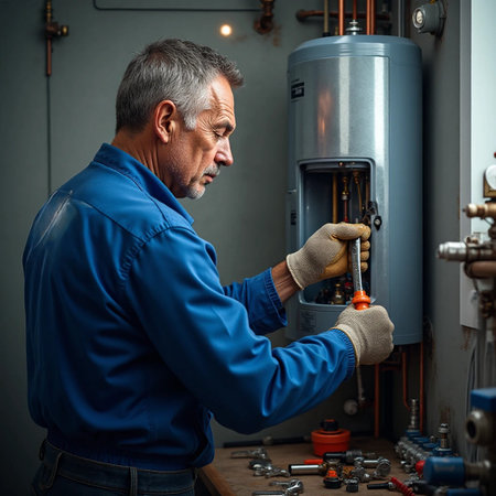 Portrait of a senior plumber repairing a boiler in his workshopの素材