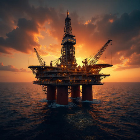 Oil and gas platform in the sea at sunset. 3d renderの素材