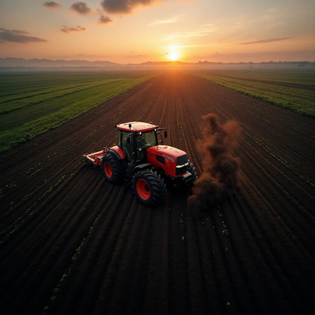 Tractor with seeding machine on the field at sunset. Aerial viewの素材