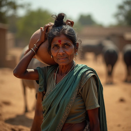 Indian woman with a clay pot on her head in the village.の素材