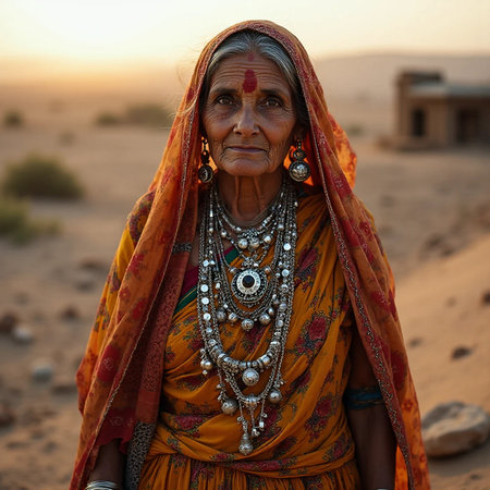 Unidentified Indian woman in traditional clothes in the desert.の素材