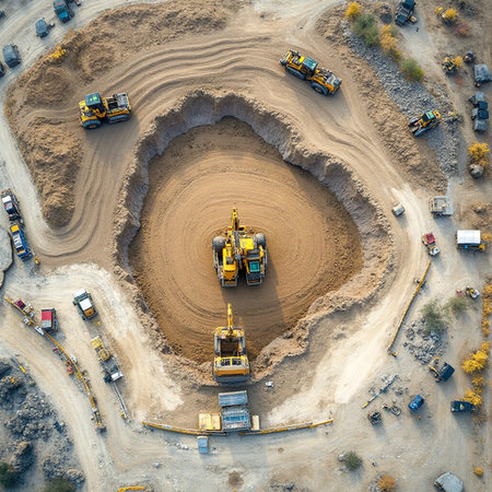 Aerial view of the construction site with excavators and trucks.の素材
