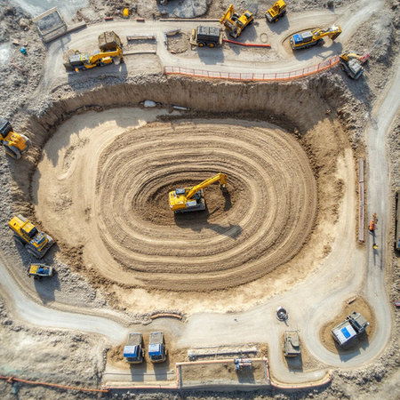 Aerial view of construction site with excavator and other construction equipmentの素材