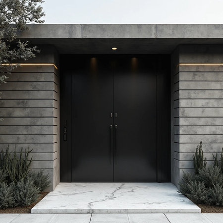 Black door of modern house with concrete wall. 3d rendering.の素材