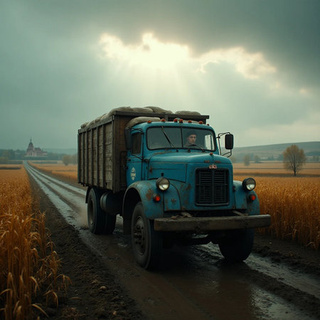 Old truck on a road in a wheat field with a dramatic skyの素材