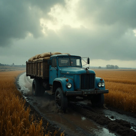 Truck in rice field with rain clouds in background, retro styleの素材