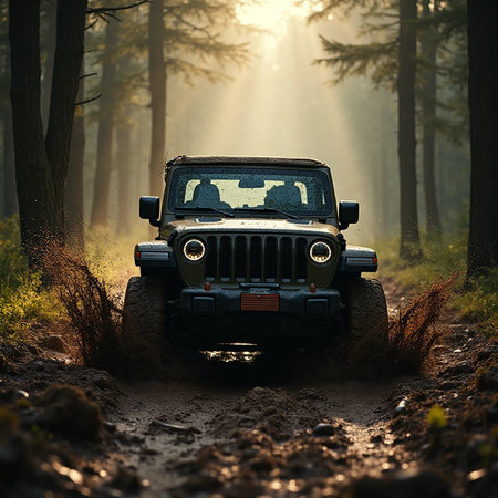 Off road car in the forest on a dirt road at sunset.の素材