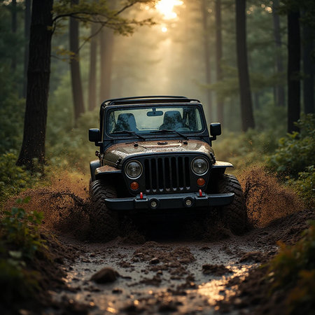Off-road vehicle on a dirt road in the autumn forest.の素材