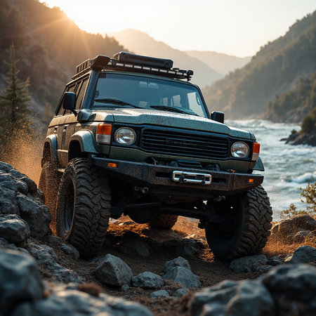 Off-road vehicle on the background of a mountain river at sunsetの素材