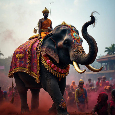 Hindu priest rides an elephant in Kolkata, West Bengal, India.の素材