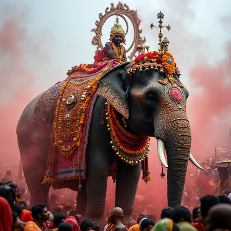 Hindu devotees ride on an elephant during Ganesh Chaturthi festival.の素材
