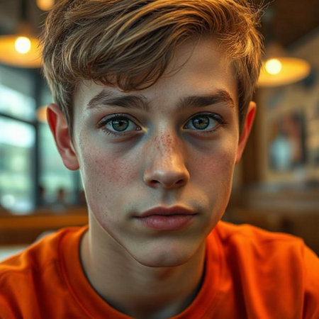 Portrait of a young boy in a cafe. Close-up.の素材