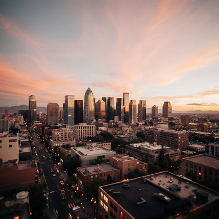 Los Angeles, California, USA downtown skyline at sunset. Filtered image processed vintage effect.の素材