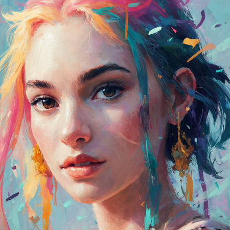 Portrait of a beautiful girl with colorful hair. Digital painting.の素材