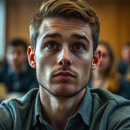 Portrait of young man looking at camera while sitting in conference hallの素材