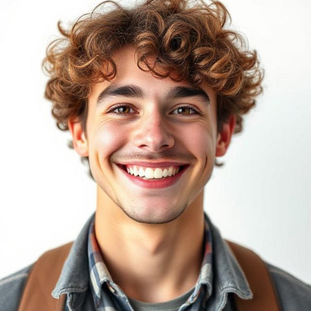 Portrait of a smiling young man with curly hair against white backgroundの素材
