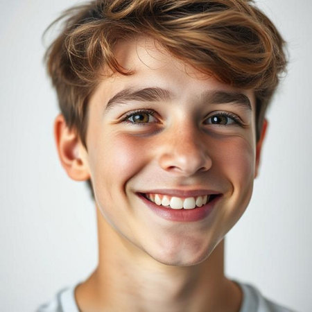 Portrait of a smiling teen boy on a gray background. Close-up.の素材