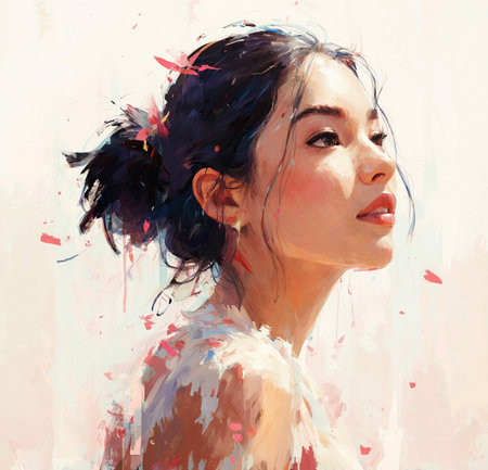 Portrait of a beautiful young woman with long black hair. Digital painting.の素材