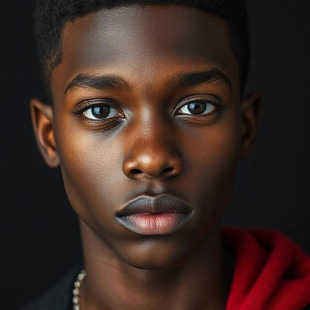 Portrait of young African American woman looking at camera.の素材