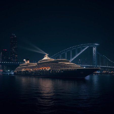Cruise ship in Hong Kong harbor at night with bridge in the backgroundの素材