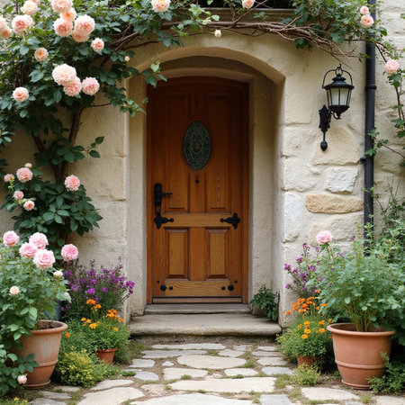 Wooden door in the garden of a house with flowers and plantsの素材