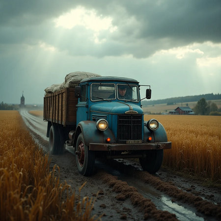 Vintage truck on the road in the wheat field, retro styleの素材