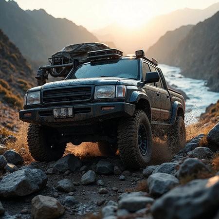 Off-road vehicle on a dirt road in the mountains at sunsetの素材