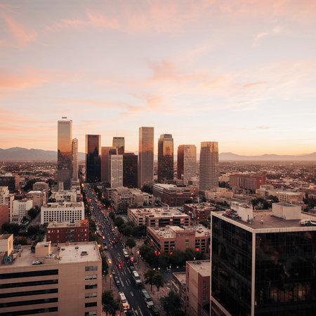Aerial view of downtown Los Angeles at sunset, California, USA.の素材