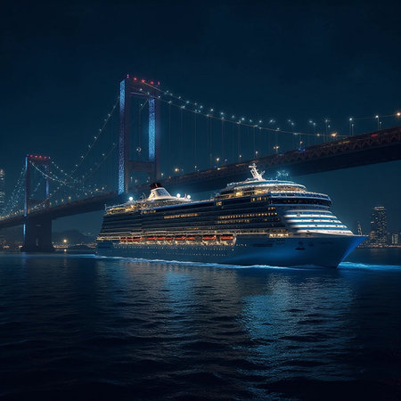 Cruise ship and Brooklyn Bridge at night, New York City, USAの素材