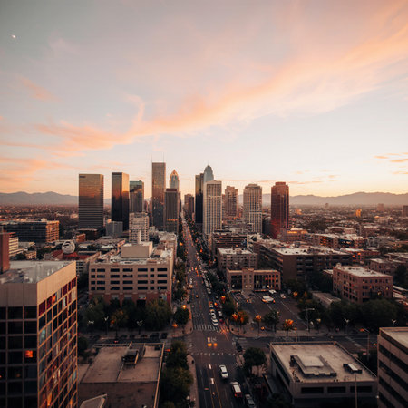 Aerial view of downtown Los Angeles at sunset, California, USA.の素材