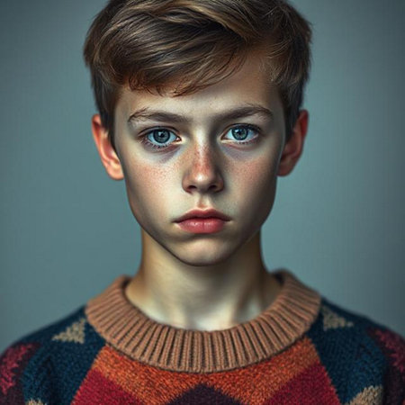 Portrait of a young boy in a sweater. Men's beauty, fashion.の素材
