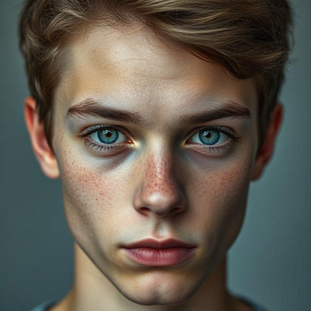 Portrait of a handsome young man with freckles on his faceの素材