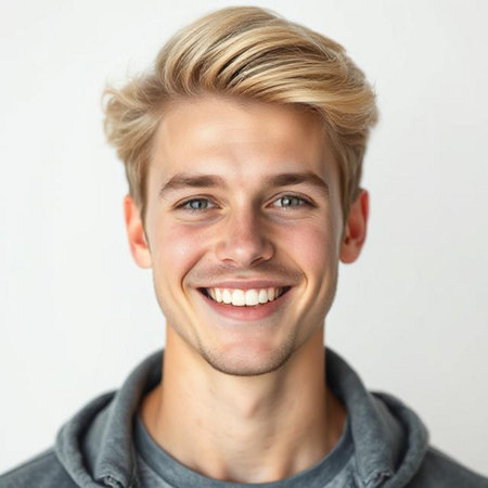 Portrait of a handsome young man with blond hair smiling at cameraの素材