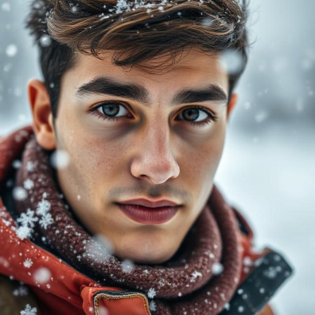 Close-up portrait of a handsome young man in the snow.の素材