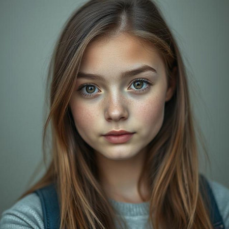 Portrait of a beautiful young girl with freckles on her faceの素材