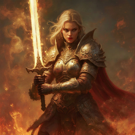 Warrior woman in armor with sword on fire background. Fantasy.の素材