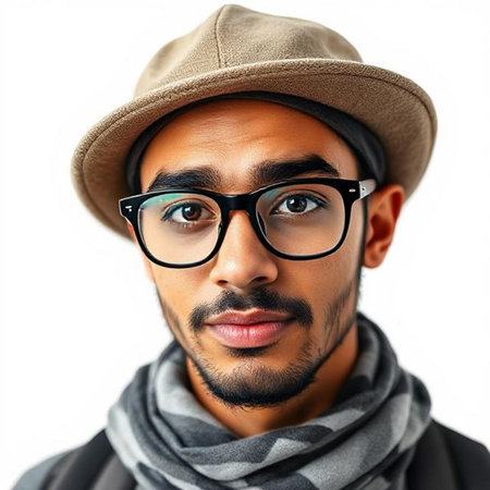 Portrait of a handsome young man wearing hat and glasses. Isolated over white background.の素材