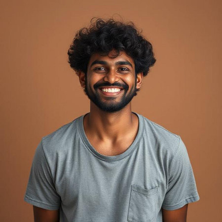 Portrait of a happy young Indian man smiling against brown backgroundの素材