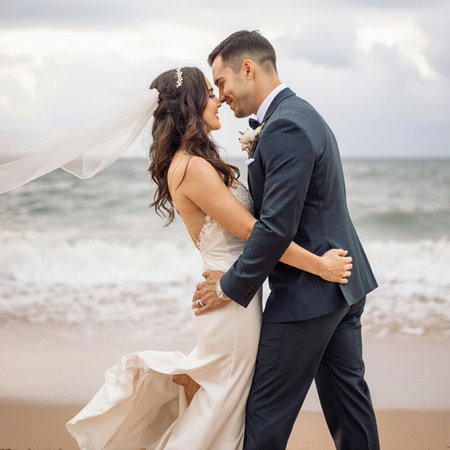 Wedding couple kissing on the beach. Bride and groom on the beachの素材
