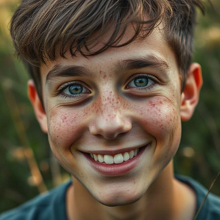 Portrait of a smiling boy with freckles on his faceの素材