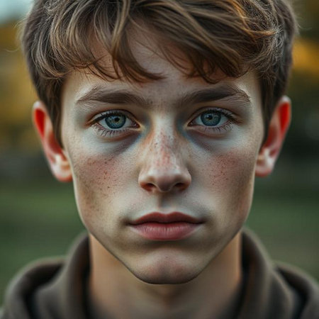 Portrait of a teenager boy with freckles on his faceの素材