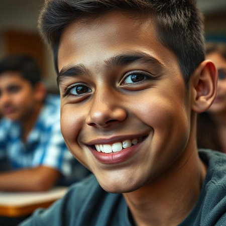 Portrait of a smiling Indian boy at school, close upの素材