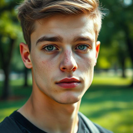 Portrait of a young man in the park. Close-up.の素材