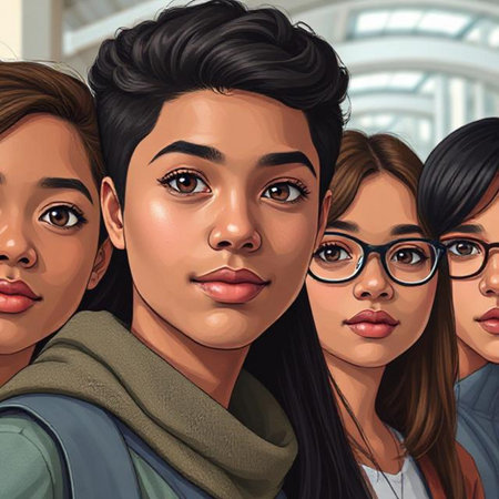 Cartoon-style portrait of a group of young women with different skin tones.の素材