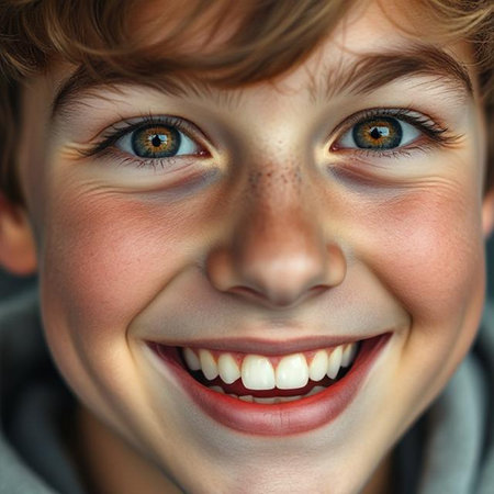 Close-up portrait of a happy young boy with blue eyes.の素材