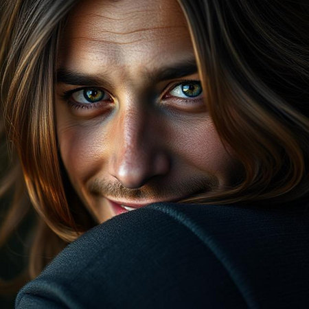 Close-up portrait of a beautiful young woman with green eyes.の素材