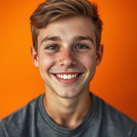 Portrait of a smiling boy on an orange background. Close-up.の素材