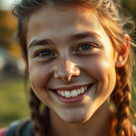 Portrait of a smiling teen girl with pigtails looking at cameraの素材