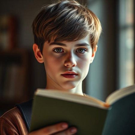 Portrait of a young boy reading a book. Education concept.の素材