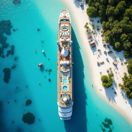 Aerial view of luxury yacht in tropical lagoon. Luxury yachts and motor boats anchored in turquoise water. Luxury travel and holiday destinationの素材
